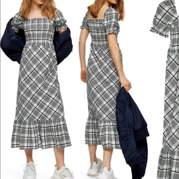 topshop gingham midi dress NWT Topshop Gingham Smocked Long Sleeve Maternity Midi Dress Green Black Size 4